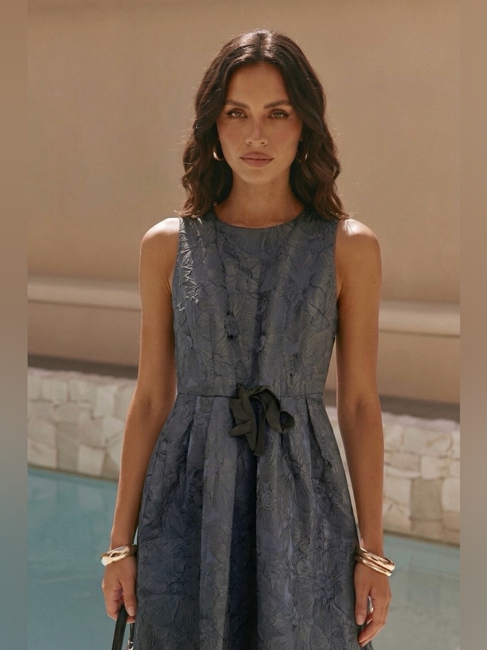 Sleeveless Floral Jacquard Fit & Flare Midi Dress in Slate Blue